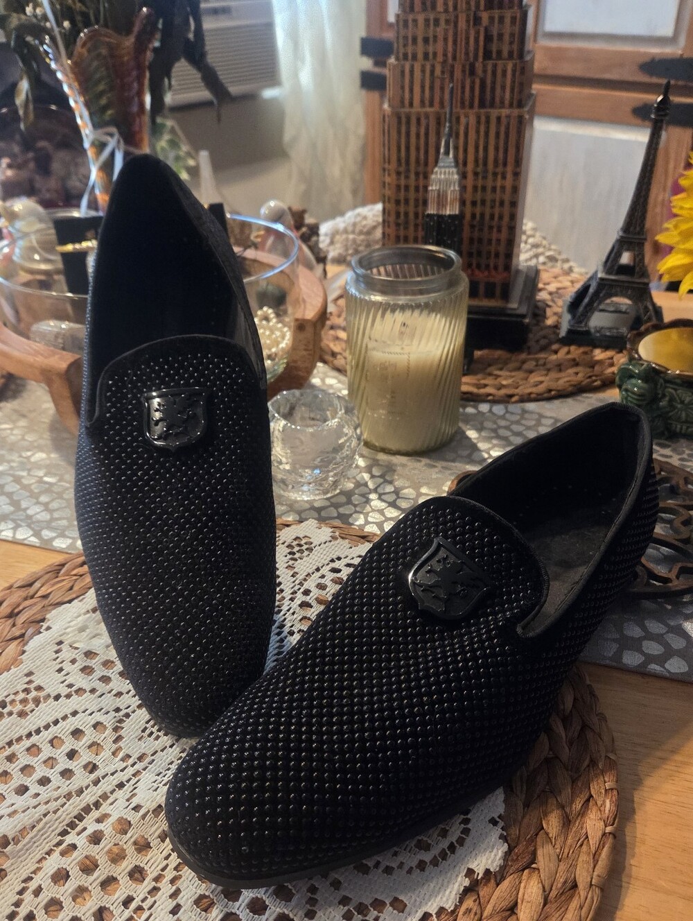 Black Rhinestone Velvet Loafers Smoking Shoes Men's Size 14M